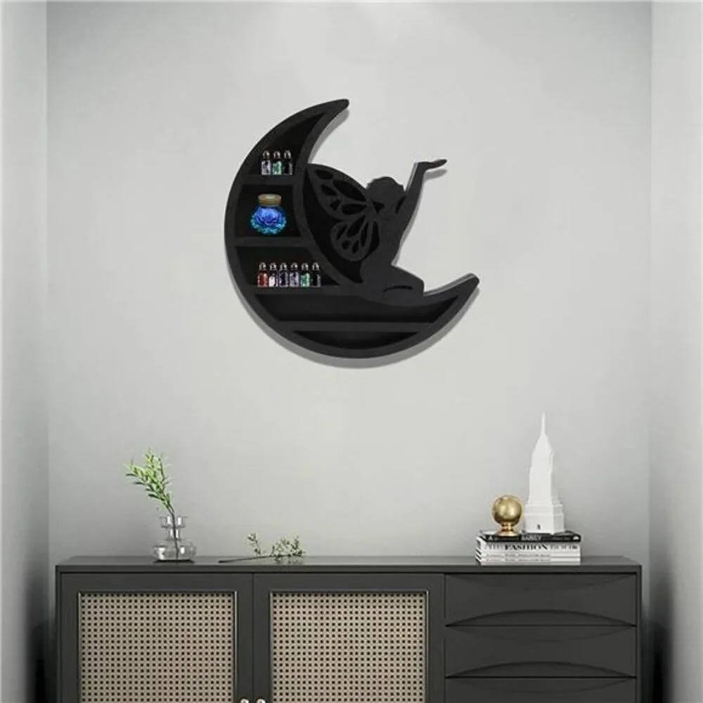 Wall Mounted Moon Shelf Crystal Display Stand Floating Wood Shelf Room Decor